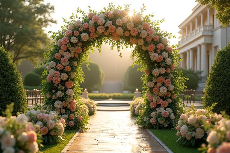 A magnificent floral arch decorated for an outdoor wedding ceremony.