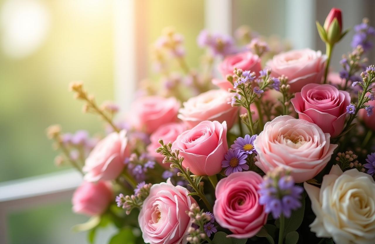 A beautiful, overflowing bouquet of seasonal flowers in soft light.