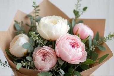 A hand-tied bespoke bouquet featuring peonies and eucalyptus.