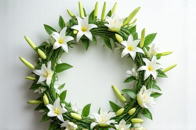 A tasteful and serene white lily sympathy wreath.